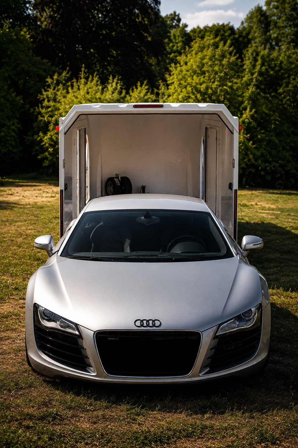 audi R8 sortant de la remorque de transport