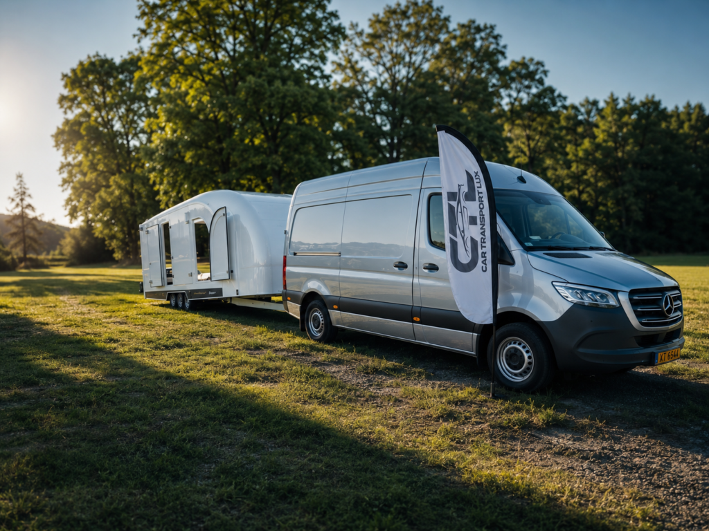 Camion Mercedes et remorque fermée Car Transport Lux sur gazon, transport sécurisé de voitures de prestige à travers l'Europe