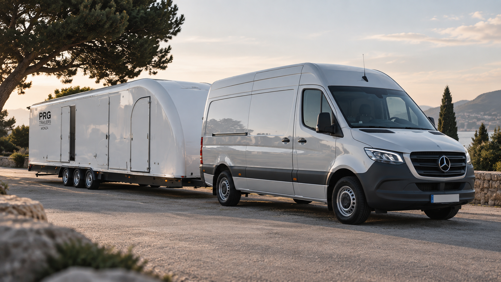 camion mercedes sprinter et sa remorque de transport